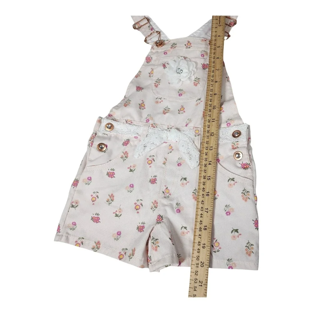 Girls Pink Floral Denim Shortalls with Lace Bow and 3D Flower Size 5